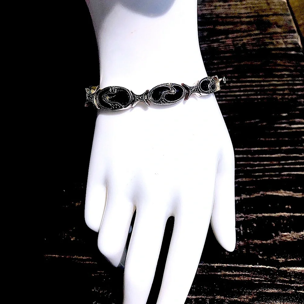 JUDITH JACK Vintage Black Onyx Marcasite Sterling Silver Art Deco Bracelet